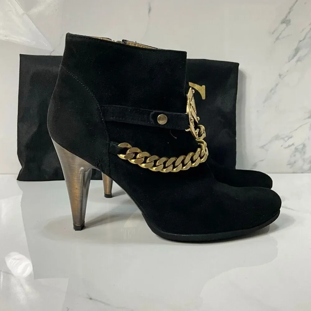 JUST CAVALLI Black Suede Ankle Boots With Gold Chain Embellishment